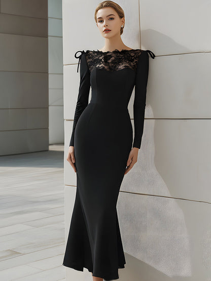 Lace Shoulder Bow Detail Black Mermaid Dress