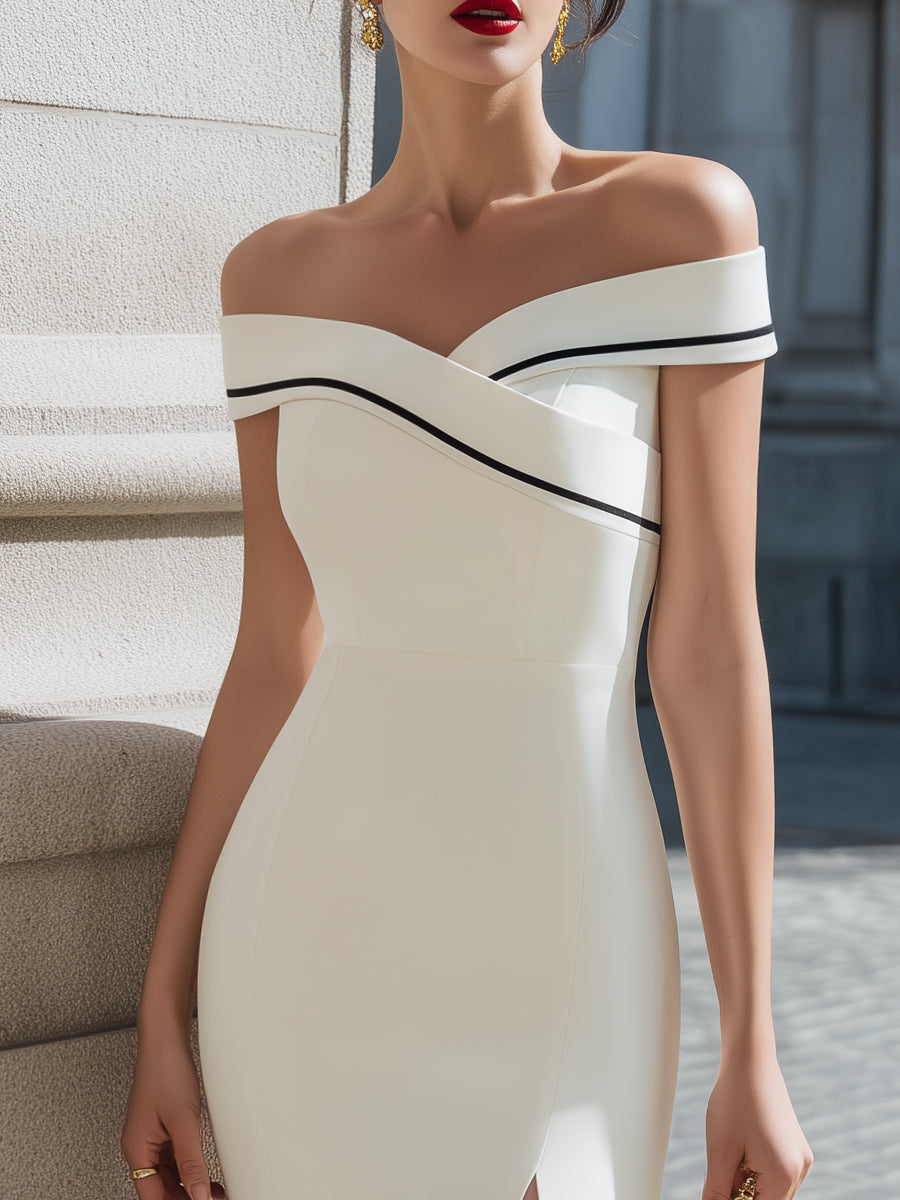 Off-Shoulder Contrast Trim Tailored Midi Dress
