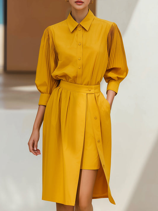 Faux-Two-Piece Skirt Pleated Sleeves Shirt Dress