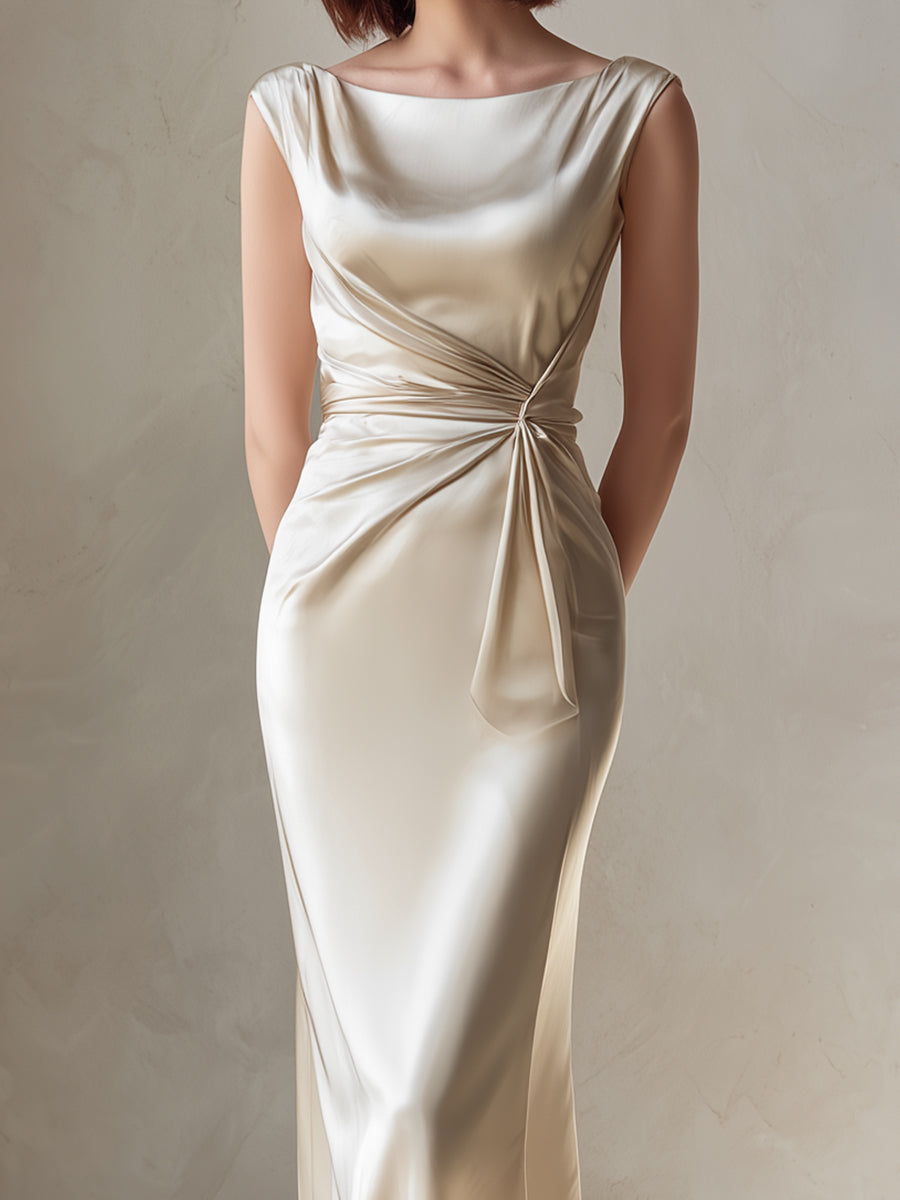 Ivory Draped Satin Column Dress With Sculpted Waist Detail