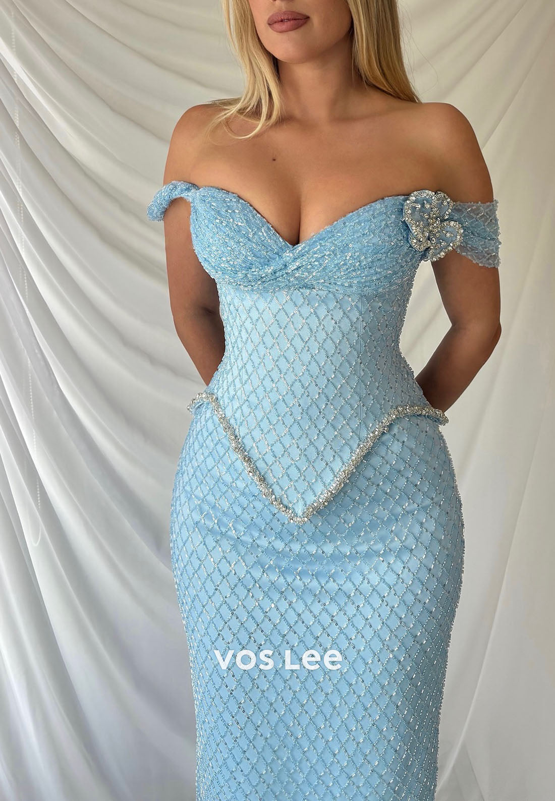 Elegant Light Blue Off the Shoulder Crystals Long Sheath Prom Dress