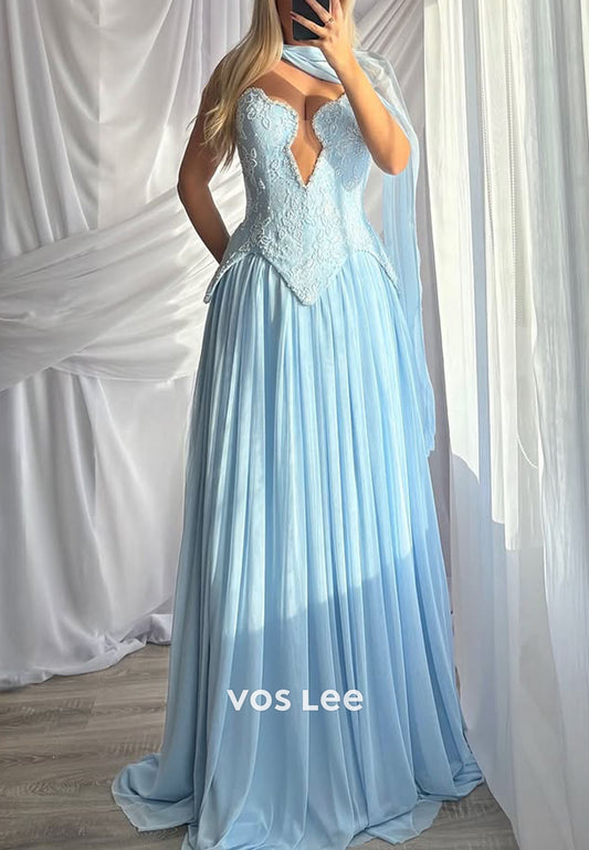 Blue A Line Lace Appliques Beading Sweetheart Sleeveless Long Prom Dresses