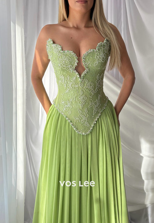 Green A Line Lace Appliques Beading Crystals Sweetheart Long Prom Dresses