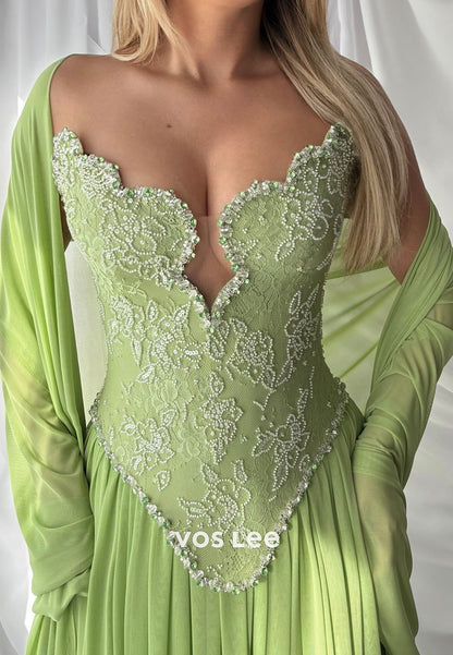 Green A Line Lace Appliques Beading Crystals Sweetheart Long Prom Dresses