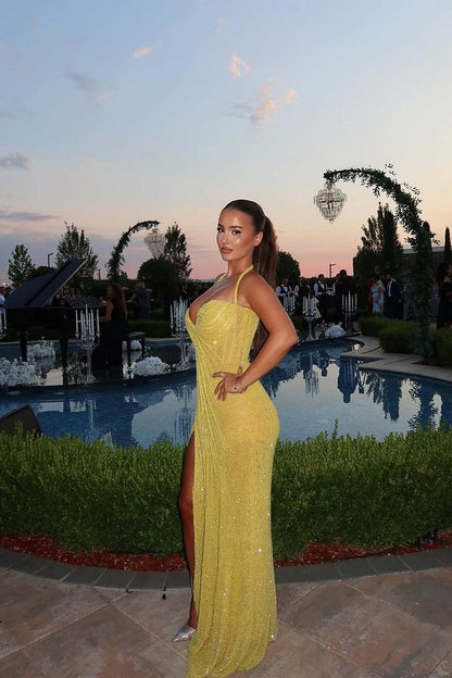 Dazzling Yellow Sweetheart Halter Prom Dresses Sequins Sleeveless With Side Slit