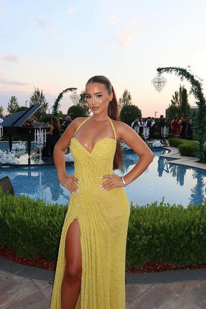 Dazzling Yellow Sweetheart Halter Prom Dresses Sequins Sleeveless With Side Slit