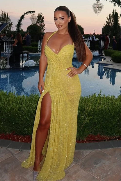 Dazzling Yellow Sweetheart Halter Prom Dresses Sequins Sleeveless With Side Slit