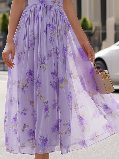 Lavender Floral Halter Neck Chiffon Pleated Midi Dress