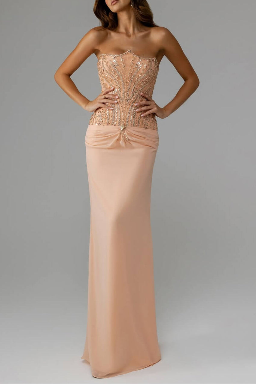 Peach Strapless Sleeveless Sheath Evening Dress Chiffon Long With Beads