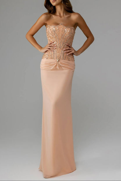 Peach Strapless Sleeveless Sheath Evening Dress Chiffon Long With Beads