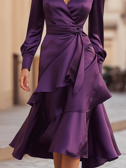 Deep Purple Satin Wrap Dress With Layered Hem