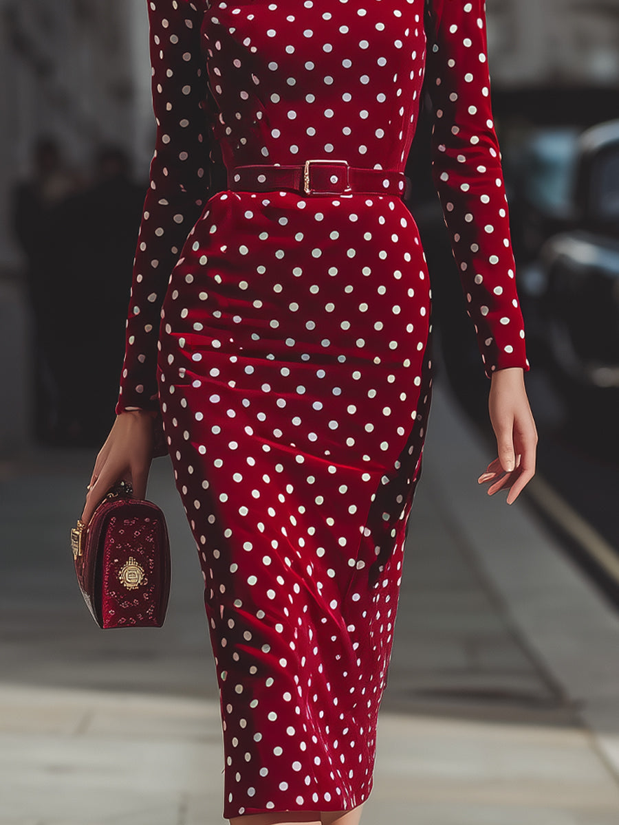 Vintage-Inspired Red Polka Dot Velvet Midi Dress