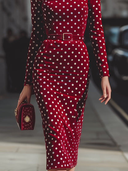Vintage-Inspired Red Polka Dot Velvet Midi Dress