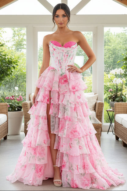 Gorgeous A Line Sweetheart Floral Chiffon Tiered Prom Dress with Appliques