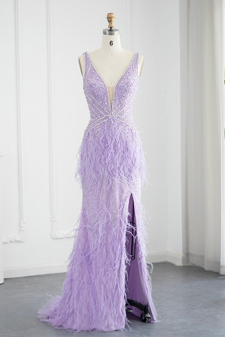 Sexy V Neck Mermaid Evening Dress Sheath With Feathers Open Back