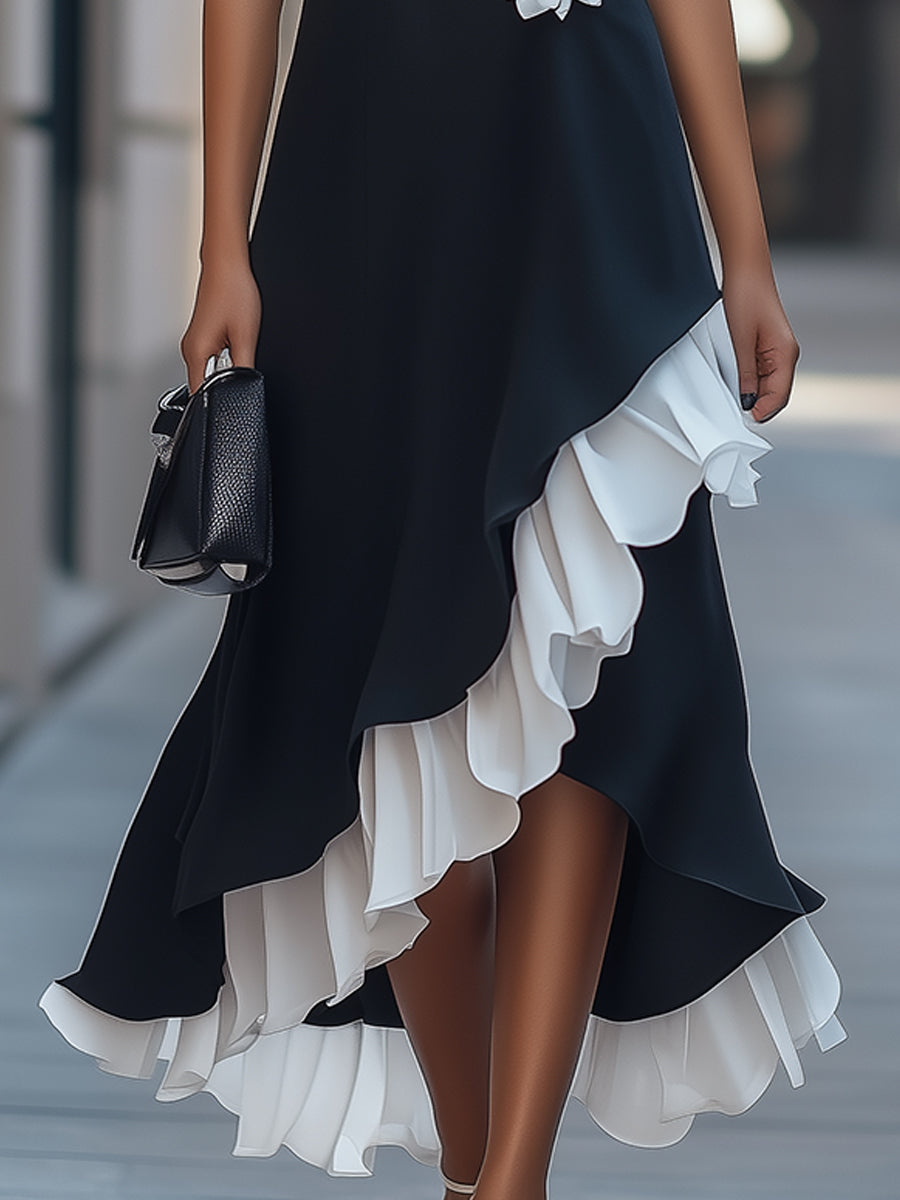 Elegant Black Ruffle Dress With  Floral Appliqué