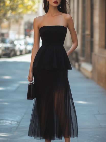 Strapless Black Peplum Mesh Midi Dress Wedding Guest Dresses