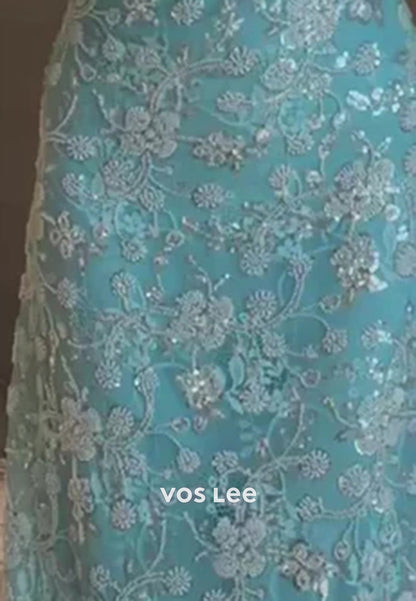 Sky Blue Appliques Lace Long Sleeve Pleated Sequins Ankle-Length Evening Dresses