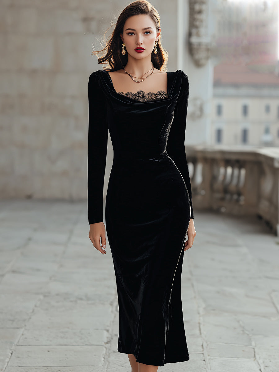 Elegant Velvet Cowl Neck Midi Dress Panel Lace