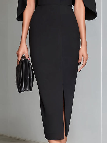 Black Cape-Sleeve Midi Sheath Dress