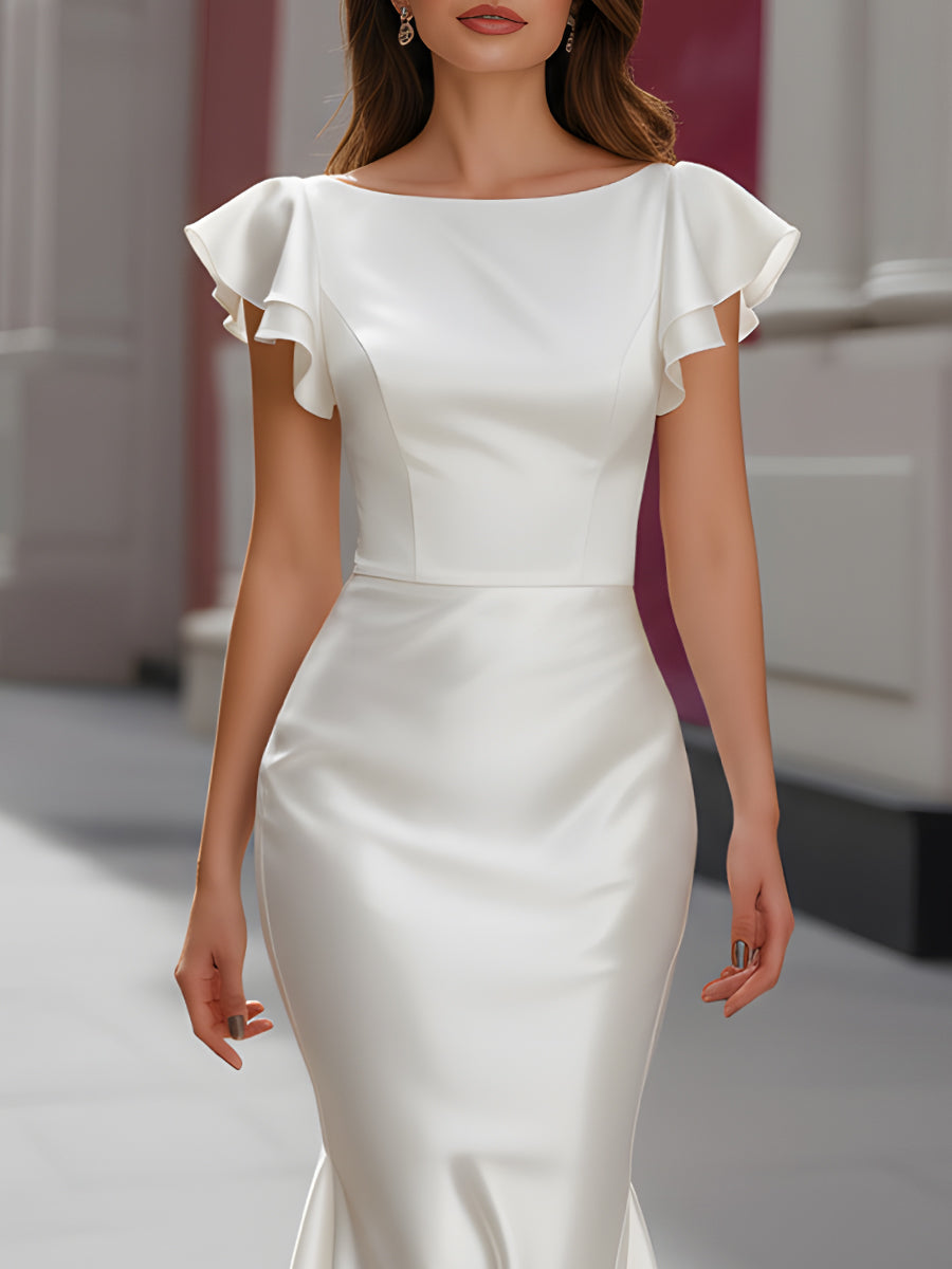 Satin Flutter-Sleeve Mermaid Dress