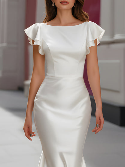 Satin Flutter-Sleeve Mermaid Dress
