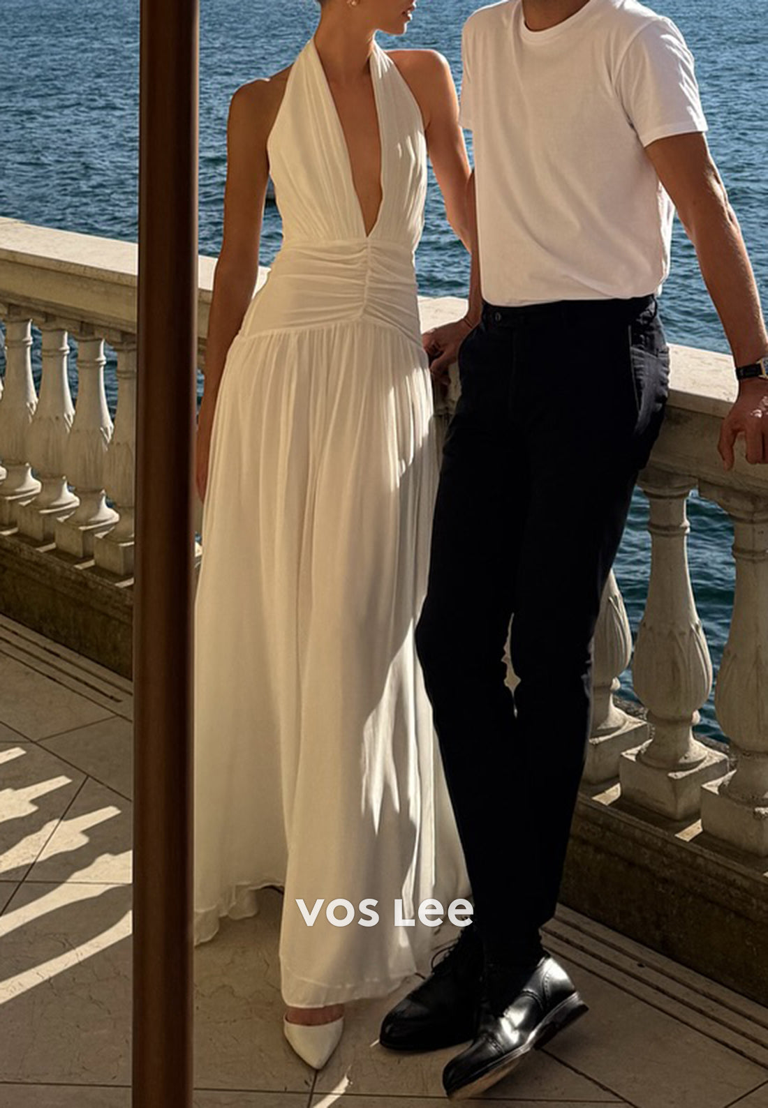 Classic & Timeless A-Line Halter Floor-Length Pleated Beach Wedding Dresses