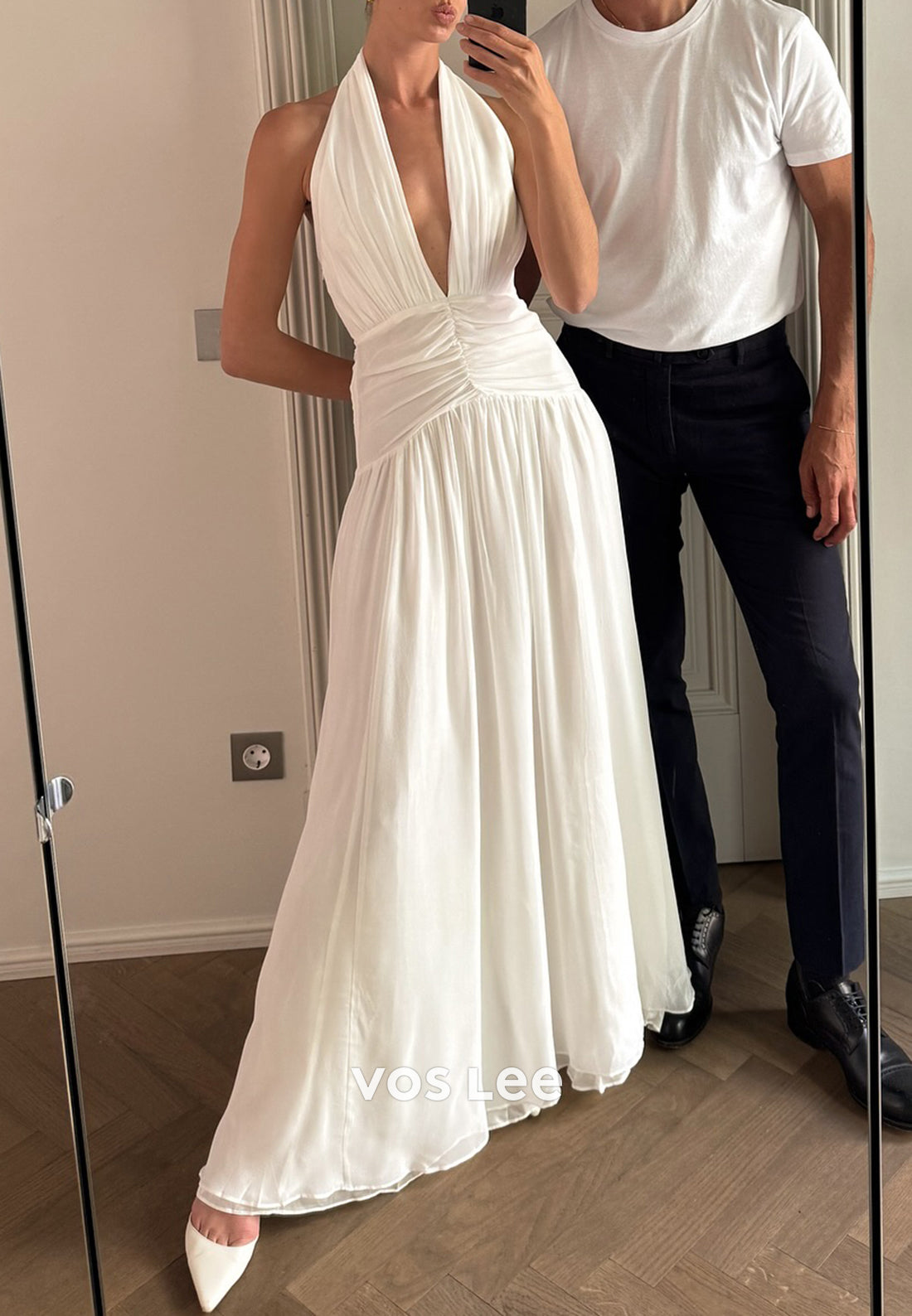 Classic & Timeless A-Line Halter Floor-Length Pleated Beach Wedding Dresses