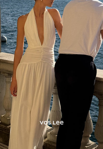 Classic & Timeless A-Line Halter Floor-Length Pleated Beach Wedding Dresses