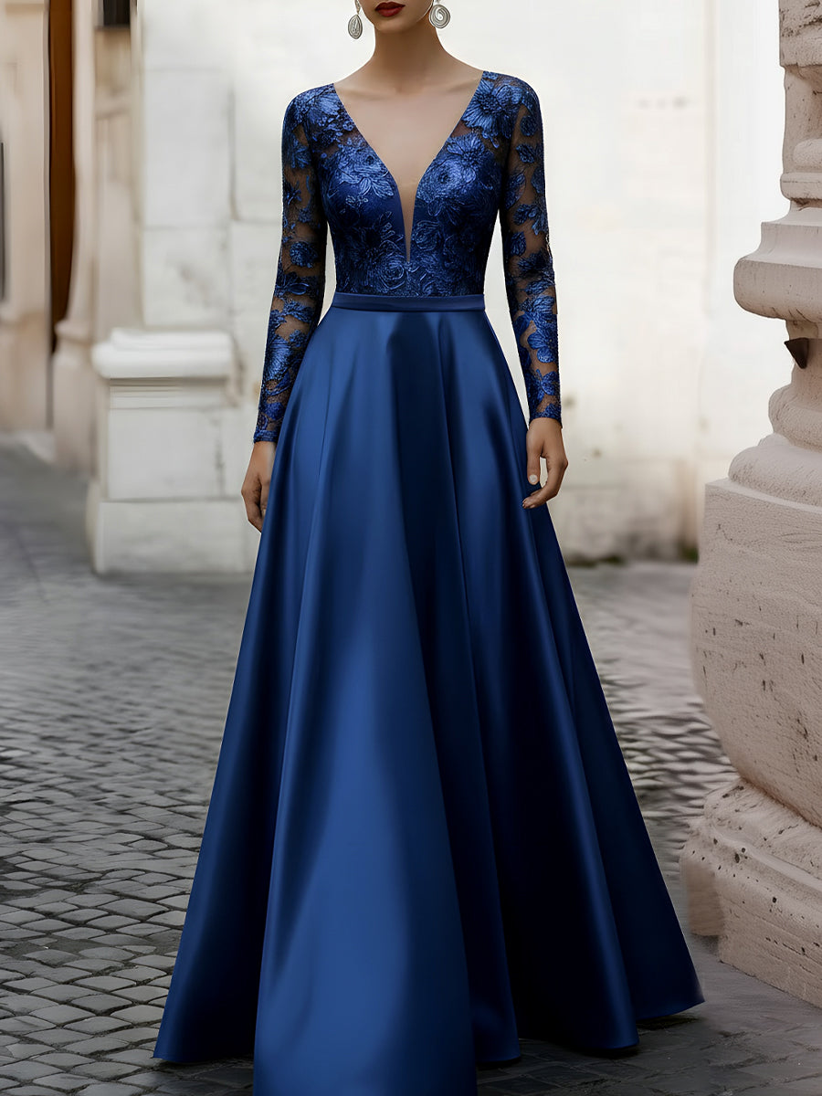 V-Neck Embroidered Lace Long Sleeve Satin Gown