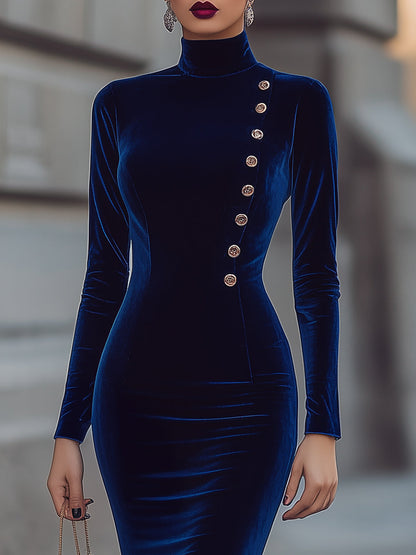 Luxury Velvet Bodycon Dress With Asymmetric Gold Button Detailing