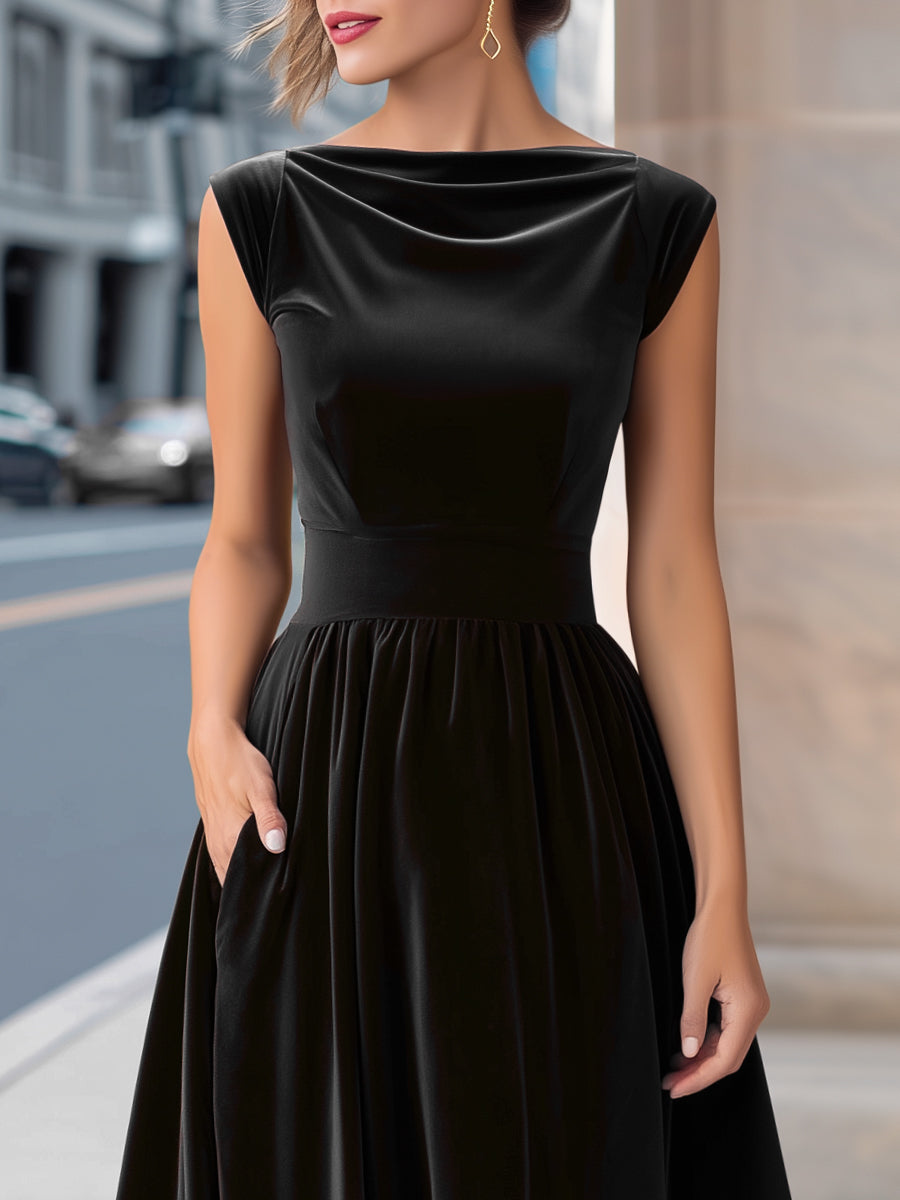 Velvet Boat-Neck Sleeveless A-Line Evening Gown
