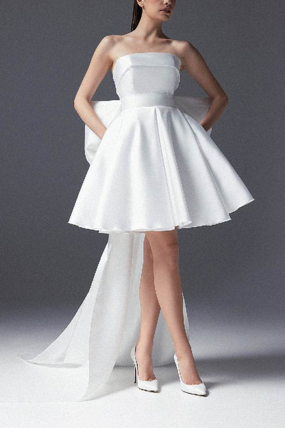 Strapless Satin Mini Wedding Dress with Oversized Bow and Detachable Train