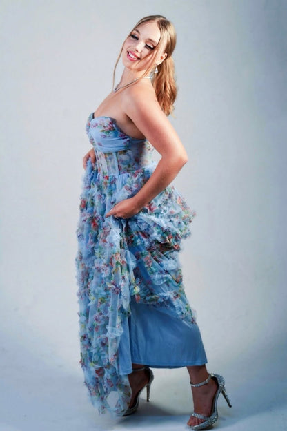 Strapless Floral Print Ruffled A-line Long Dress