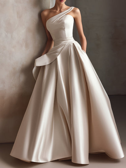 One-Shoulder Sculpted Pleated Ball Gown