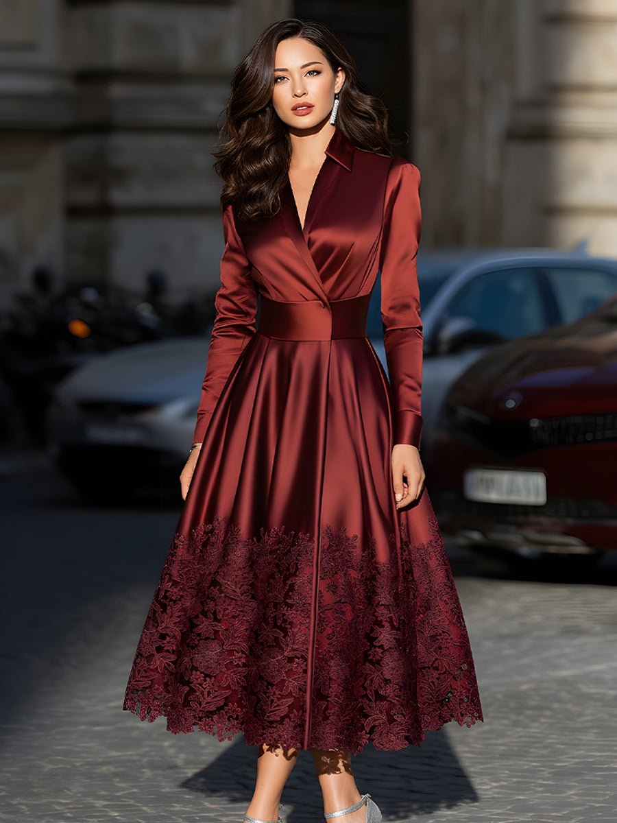 Burgundy Satin Belted Midi Dress With Lace Hem