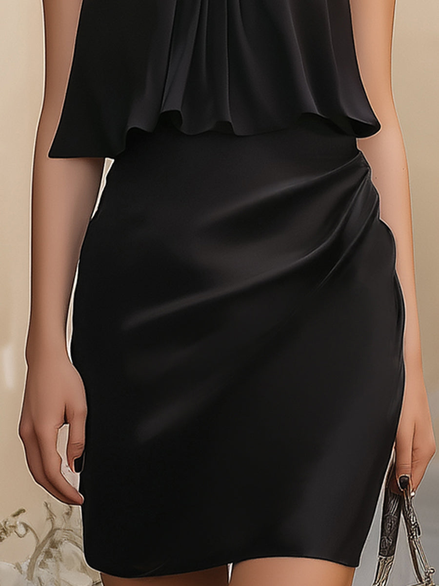 Elegant Black Satin Halter Neck Ruched Mini Dress