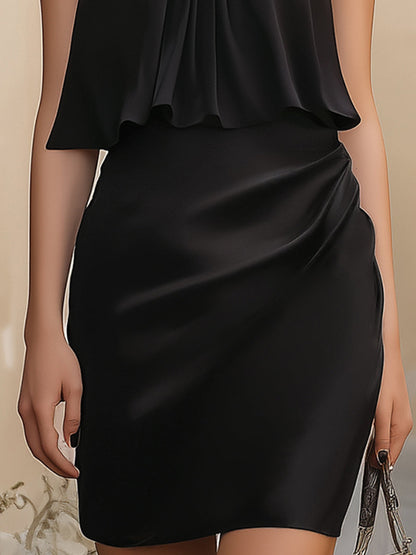Elegant Black Satin Halter Neck Ruched Mini Dress