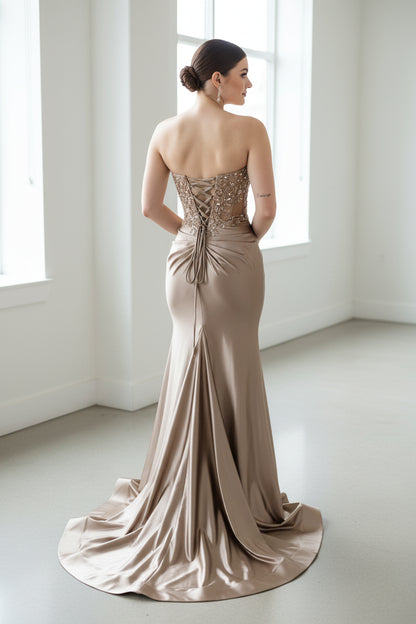 Charming Mermaid Sweetheart Brown Silk Satin Long Prom Dress with Slit