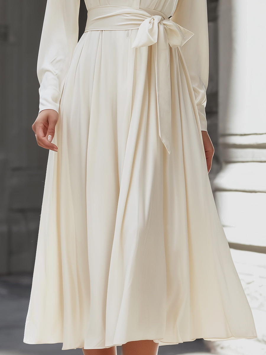 Elegant Satin Belted Midi Shirt Dress