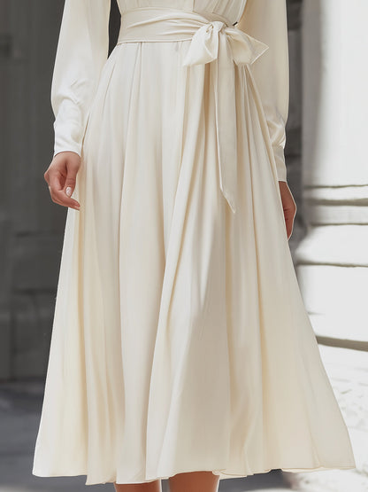 Elegant Satin Belted Midi Shirt Dress