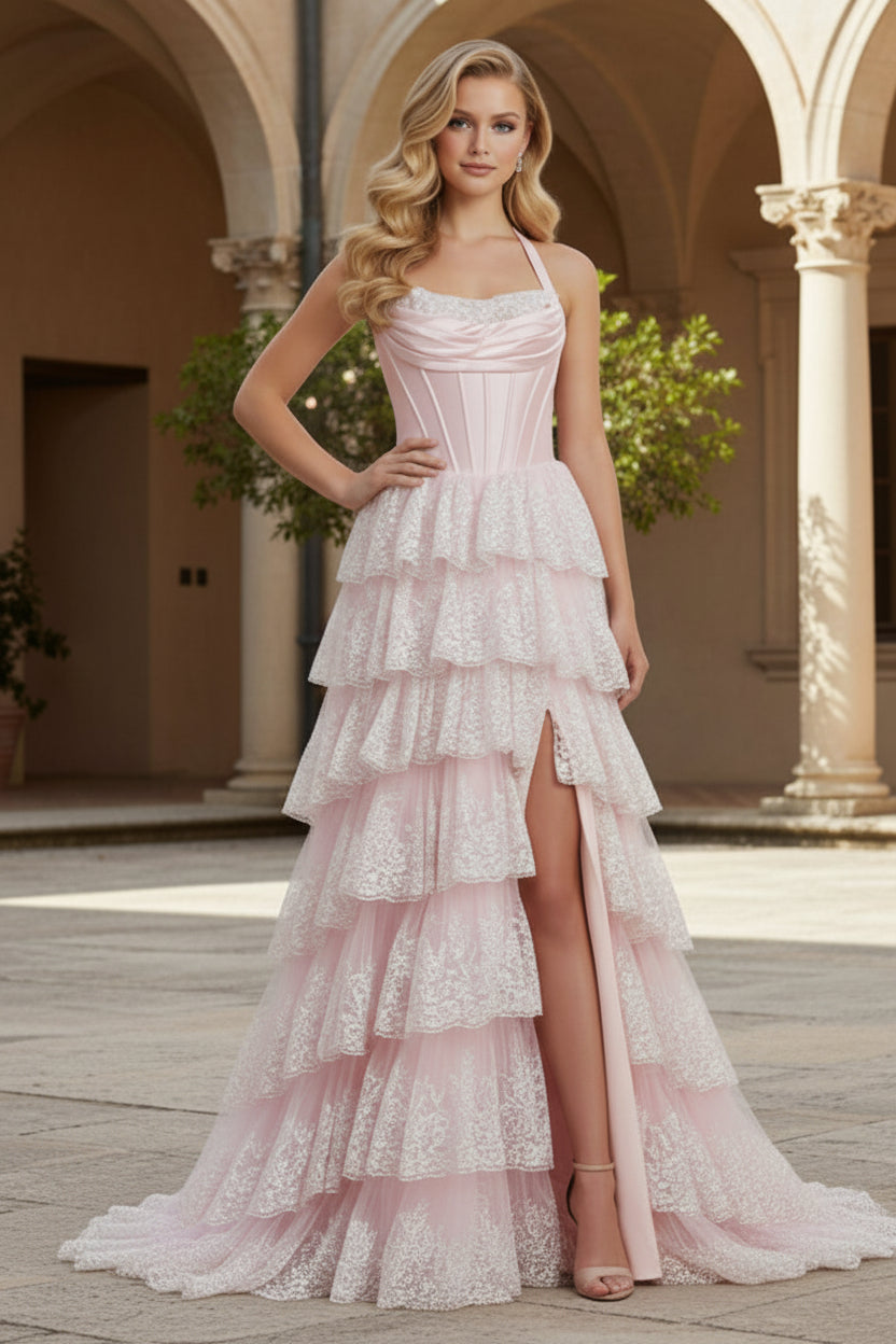 Cute A Line Scoop Neck Tiered Long Prom Dress with Slit