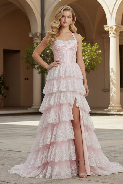Cute A Line Scoop Neck Tiered Long Prom Dress with Slit