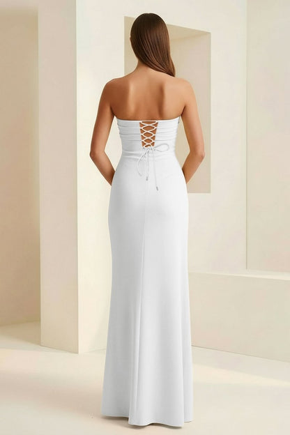 White Mermaid Strapless Satin Pleated Long Prom Dress with Slit