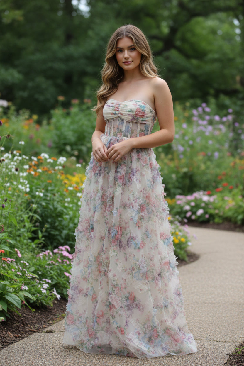 Strapless Floral Print Ruffled A-line Long Dress