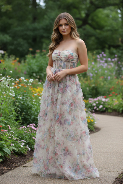 Strapless Floral Print Ruffled A-line Long Dress