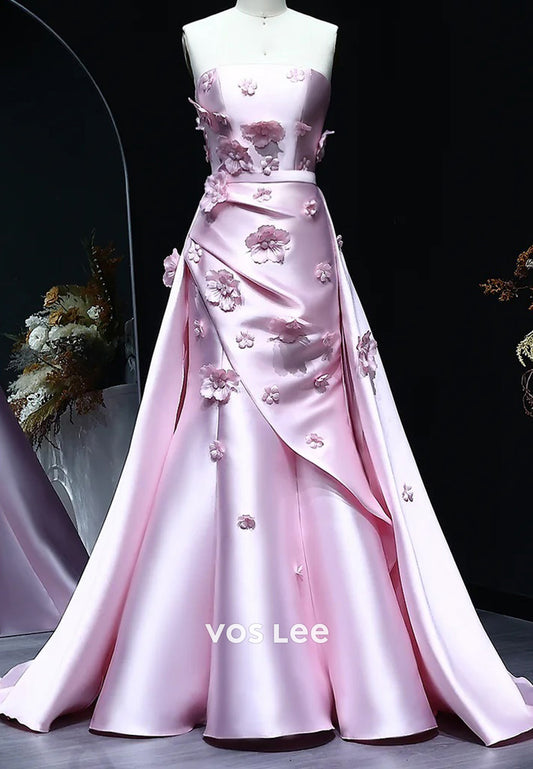 Glamorous & Dramatic A-Line Strapless Handmade Flowers Prom Dresses with Court Train