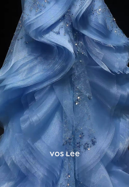 Couture & Ornate Pleated Halter Sequins Mermaid Evening Dresses with Sweep Train