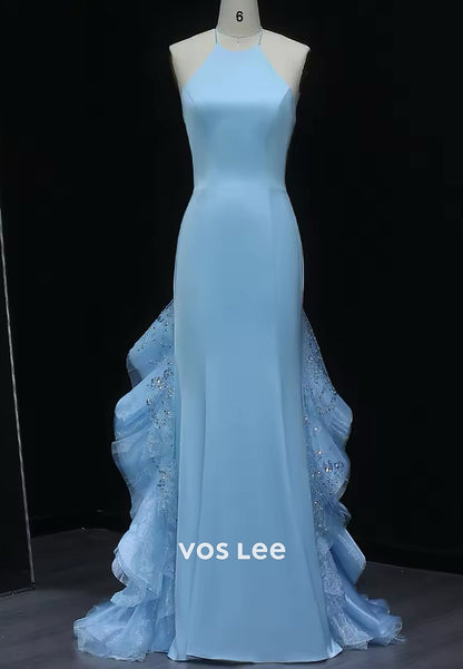 Couture & Ornate Pleated Halter Sequins Mermaid Evening Dresses with Sweep Train