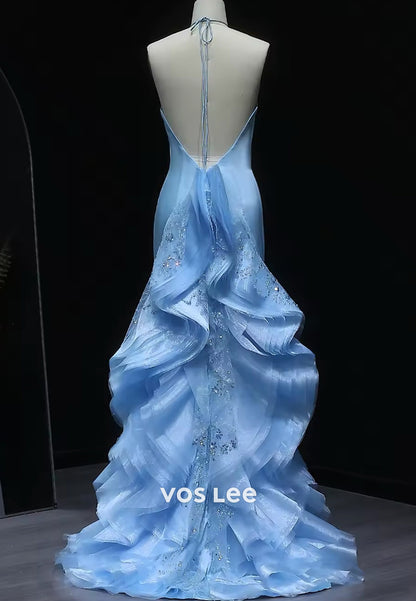 Couture & Ornate Pleated Halter Sequins Mermaid Evening Dresses with Sweep Train
